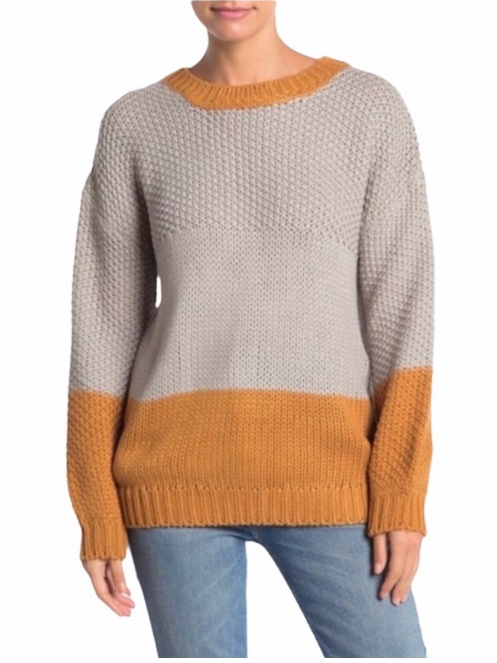 Elodie Nordstrom Colorblock Two-Tone Crewneck Knit Sweater Grey/Mustard Sz Small